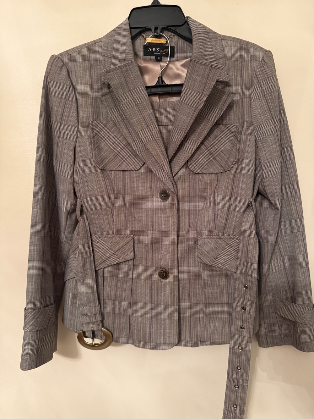 ABS Allen Schwartz Gray Plaid Belted Notch-Lapel Blazer